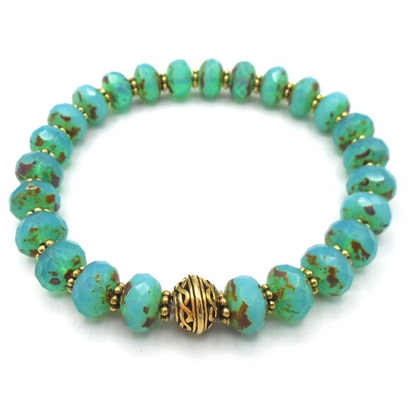 NEW ~ CZECH GLASS Aqua Blue Picasso Stretch Bracelet - Picture 1 of 3